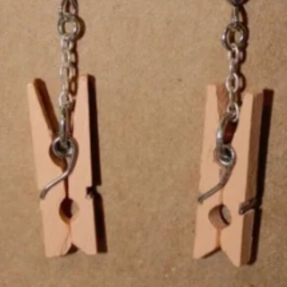 Silver and Tan Clothespin Earrings - Picture 1 of 2